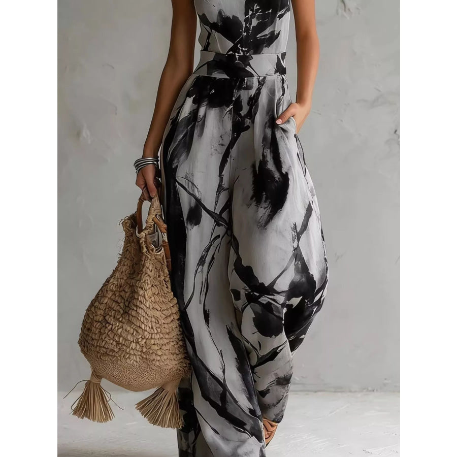 Ink Wash Print Halter Neck Wide-Leg Jumpsuit Apparel and Accessories
