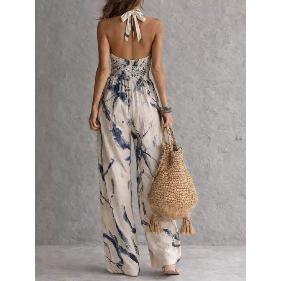 Ink Wash Print Halter Neck Wide-Leg Jumpsuit Apparel and Accessories