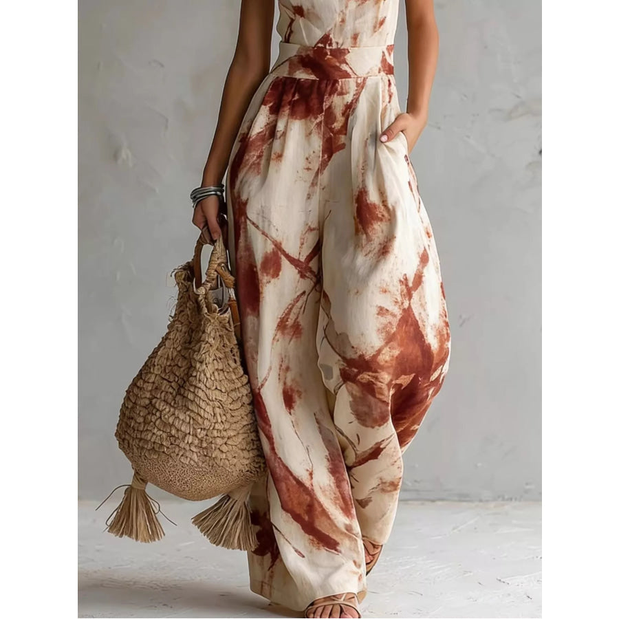 Ink Wash Print Halter Neck Wide-Leg Jumpsuit Apparel and Accessories
