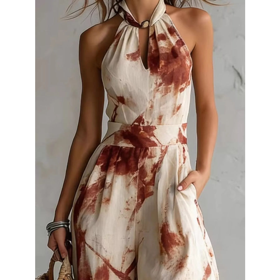 Ink Wash Print Halter Neck Wide-Leg Jumpsuit Apparel and Accessories