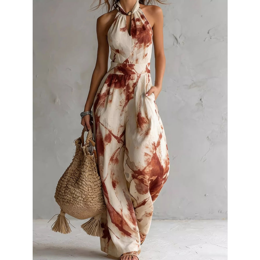 Ink Wash Print Halter Neck Wide-Leg Jumpsuit Burnt Coral / S Apparel and Accessories