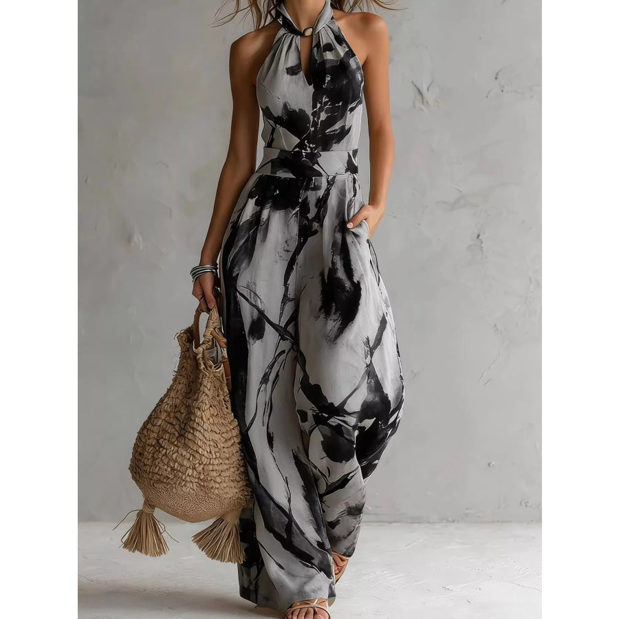Ink Wash Print Halter Neck Wide-Leg Jumpsuit Dark Gray / S Apparel and Accessories