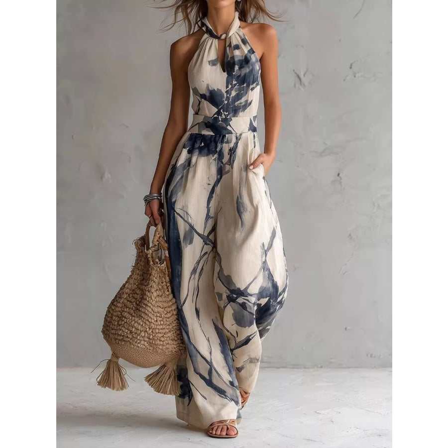 Ink Wash Print Halter Neck Wide-Leg Jumpsuit Navy / S Apparel and Accessories