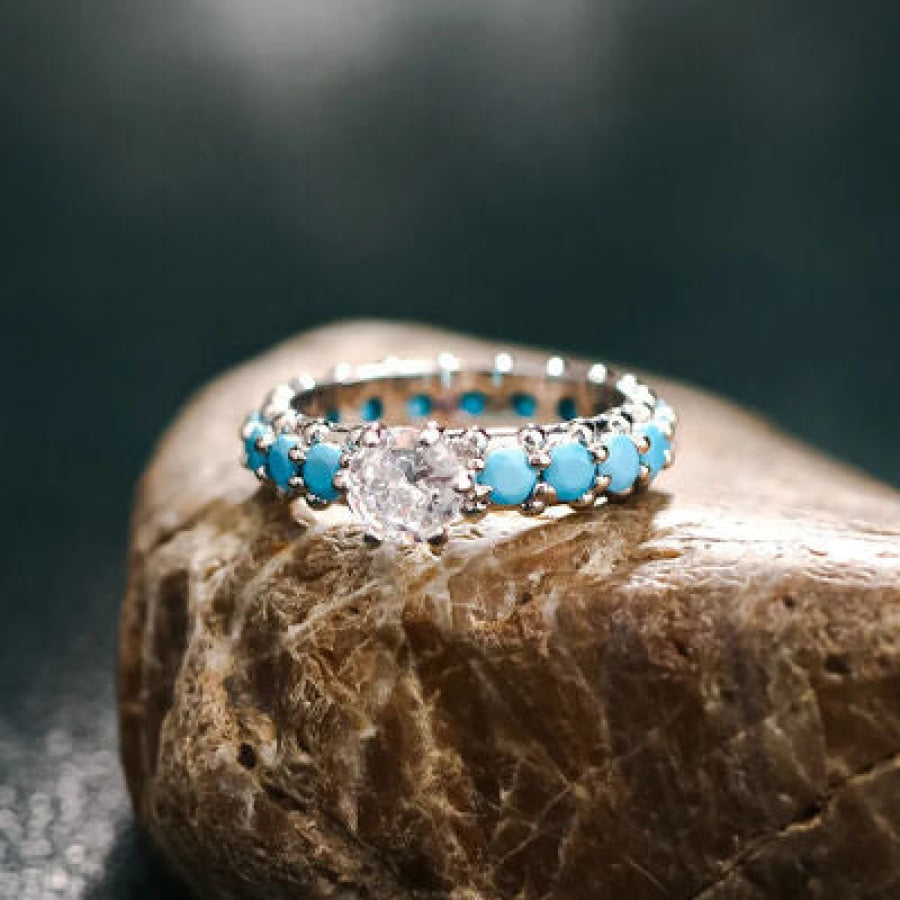 Inlaid Artificial Turquoise Zircon 925 Sterling Silver Ring Silver / 6 Apparel and Accessories