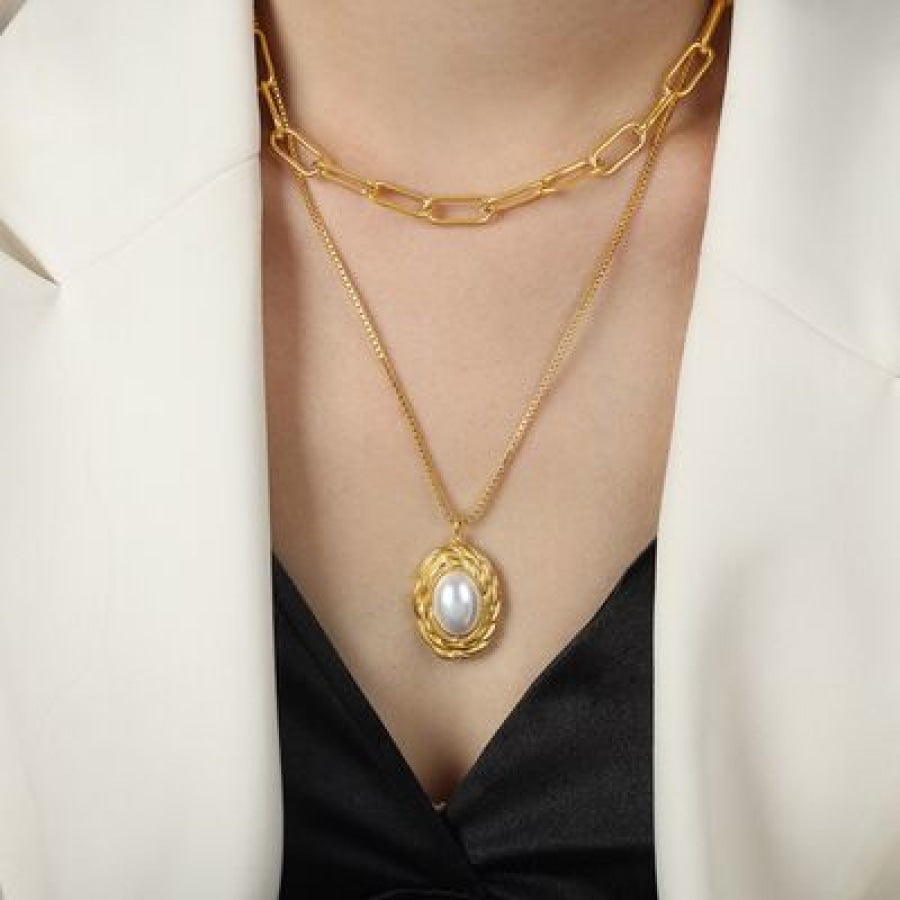 Inlaid Pearl Double-Layered Titanium Steel Necklace Gold / One Size Apparel and Accessories