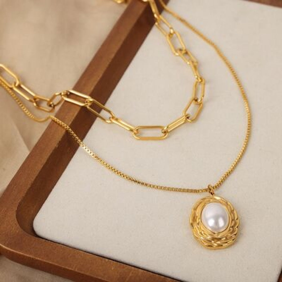 Inlaid Pearl Double-Layered Titanium Steel Necklace Gold / One Size Apparel and Accessories