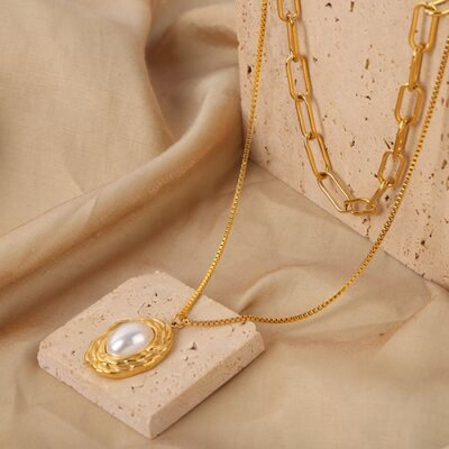 Inlaid Pearl Double-Layered Titanium Steel Necklace Gold / One Size Apparel and Accessories