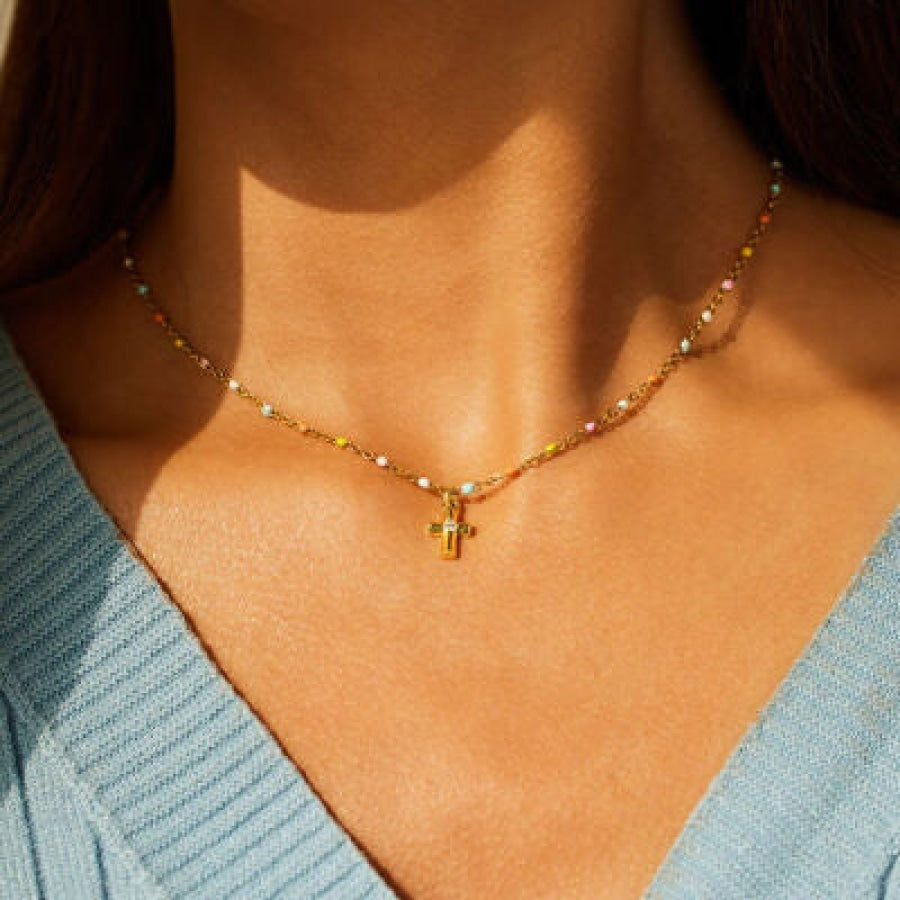 Inlaid Zircon 18K Gold-Plated Cross Bead Necklace Gold / One Size Apparel and Accessories