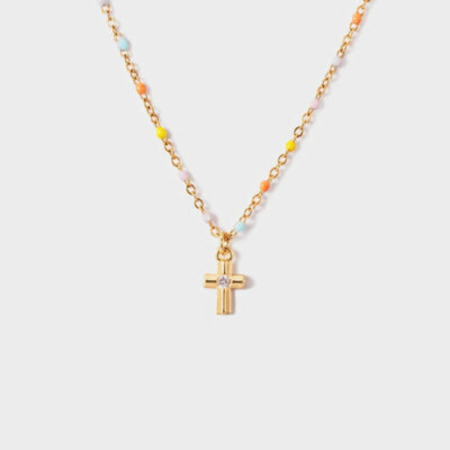 Inlaid Zircon 18K Gold-Plated Cross Bead Necklace Gold / One Size Apparel and Accessories