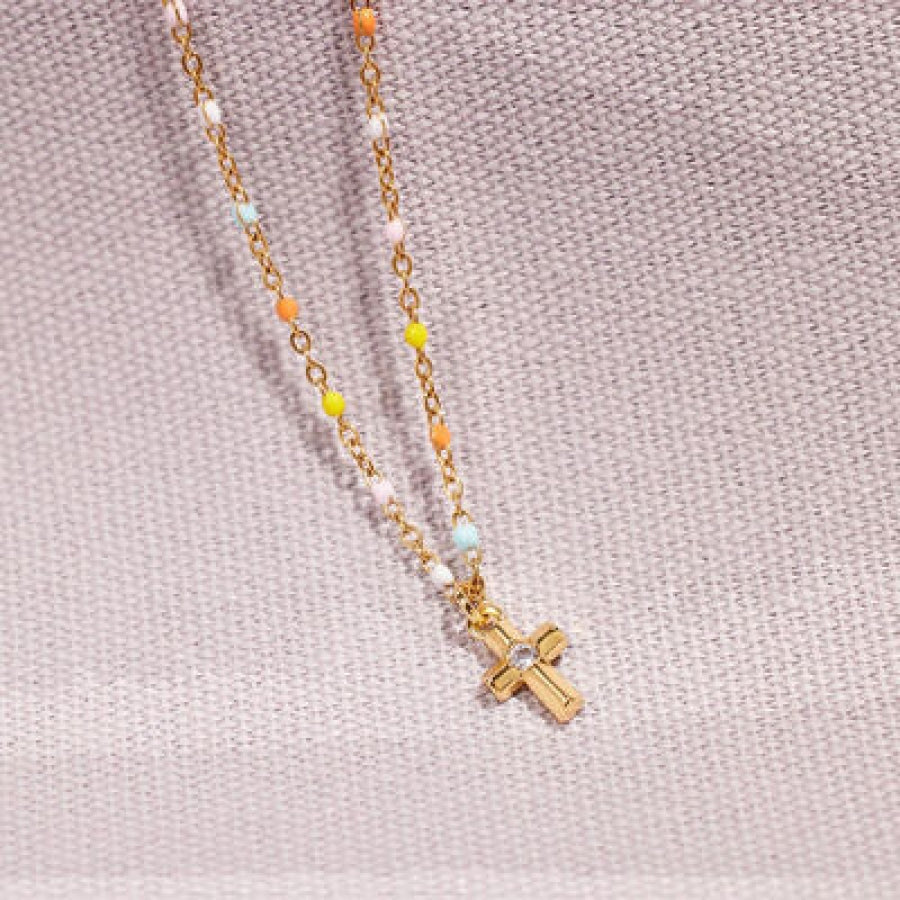 Inlaid Zircon 18K Gold-Plated Cross Bead Necklace Gold / One Size Apparel and Accessories