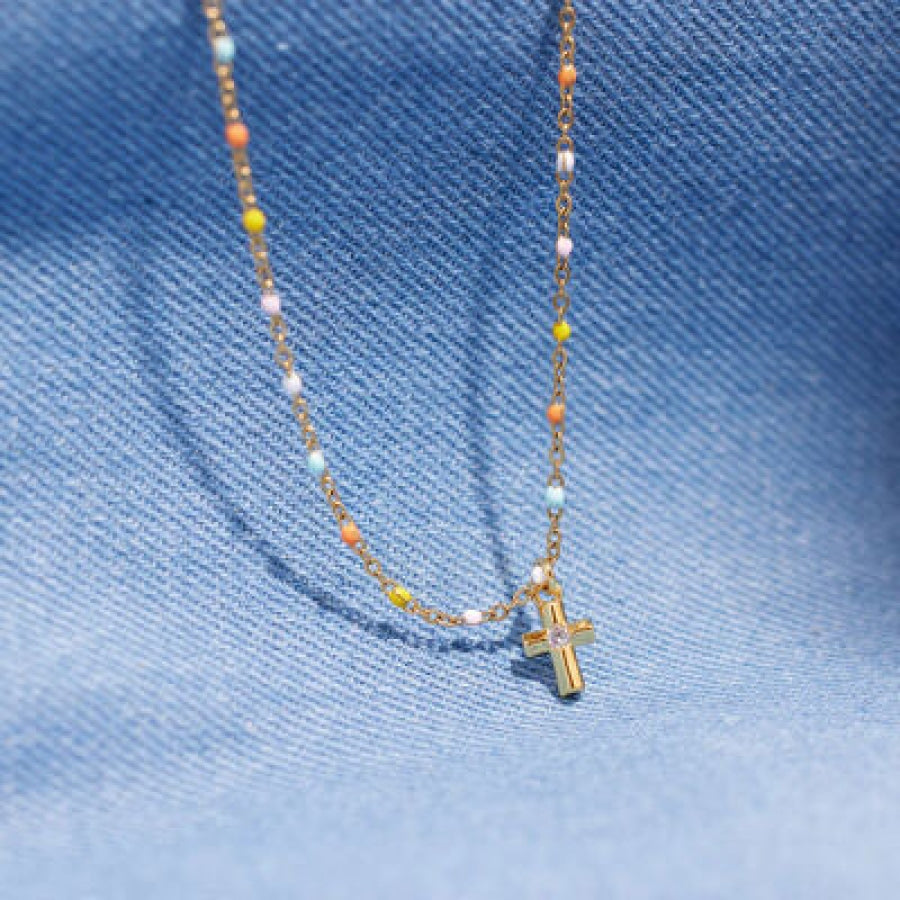 Inlaid Zircon 18K Gold-Plated Cross Bead Necklace Gold / One Size Apparel and Accessories