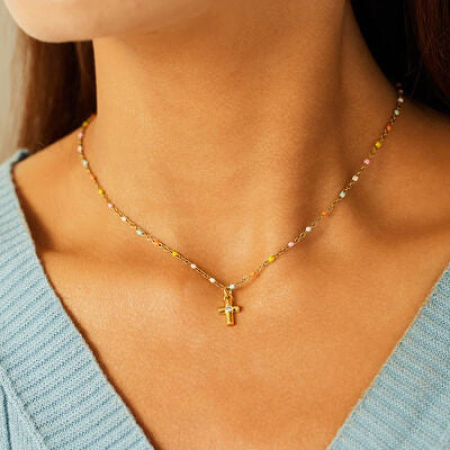 Inlaid Zircon 18K Gold-Plated Cross Bead Necklace Gold / One Size Apparel and Accessories