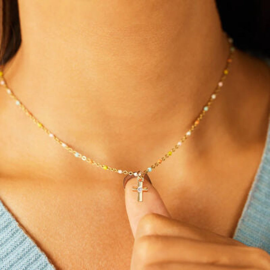 Inlaid Zircon 18K Gold-Plated Cross Bead Necklace Gold / One Size Apparel and Accessories