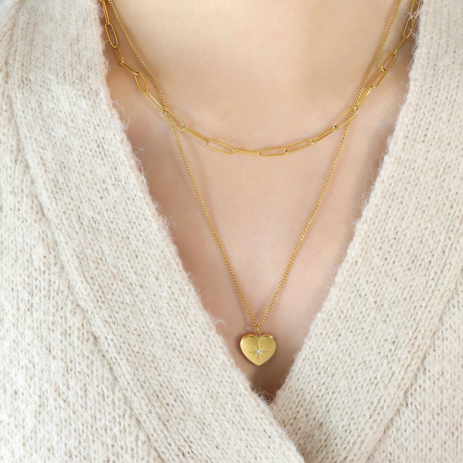Inlaid Zircon Double Layered Heart Pendant Necklace Gold / One Size Apparel and Accessories