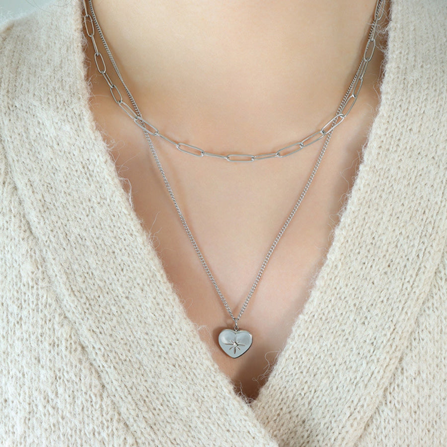 Inlaid Zircon Double Layered Heart Pendant Necklace Silver / One Size Apparel and Accessories