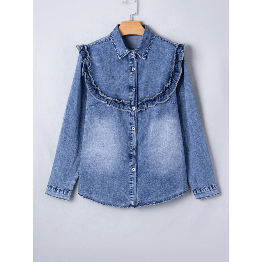intage Wash Denim Ruffle Detail Button Down Shirt Apparel and Accessories
