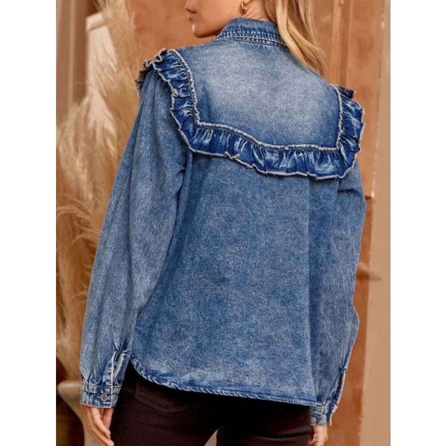 intage Wash Denim Ruffle Detail Button Down Shirt Apparel and Accessories