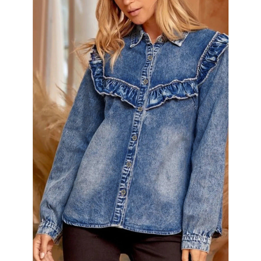 intage Wash Denim Ruffle Detail Button Down Shirt Apparel and Accessories