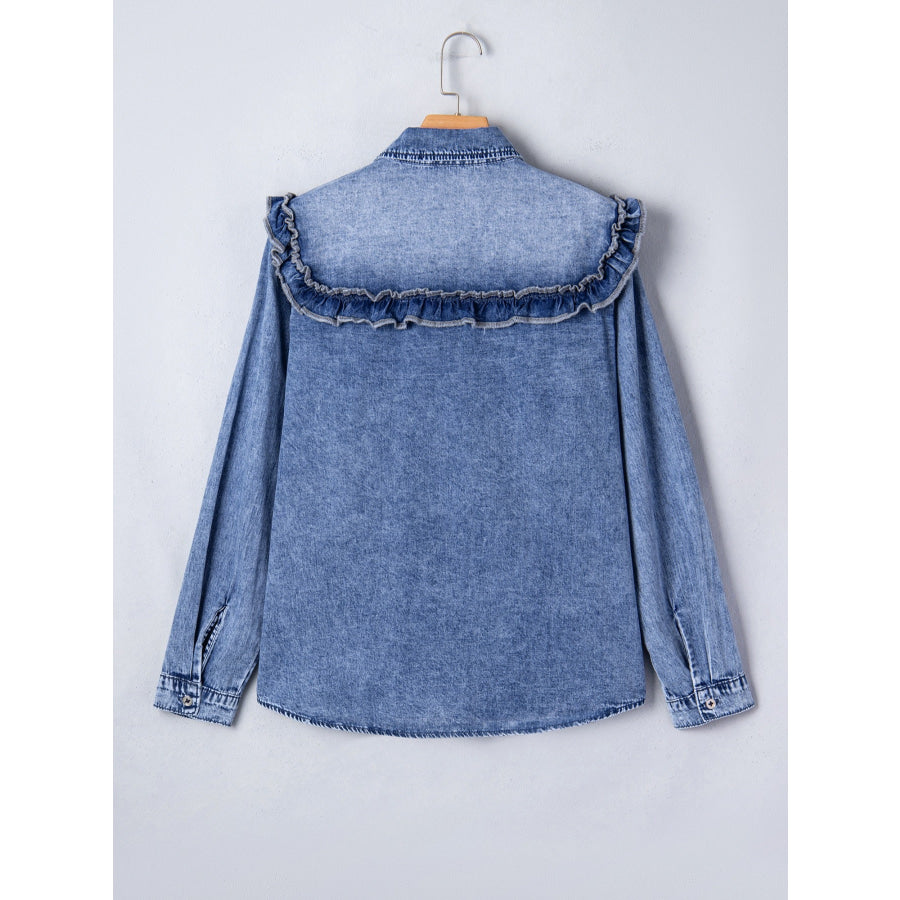 intage Wash Denim Ruffle Detail Button Down Shirt Apparel and Accessories