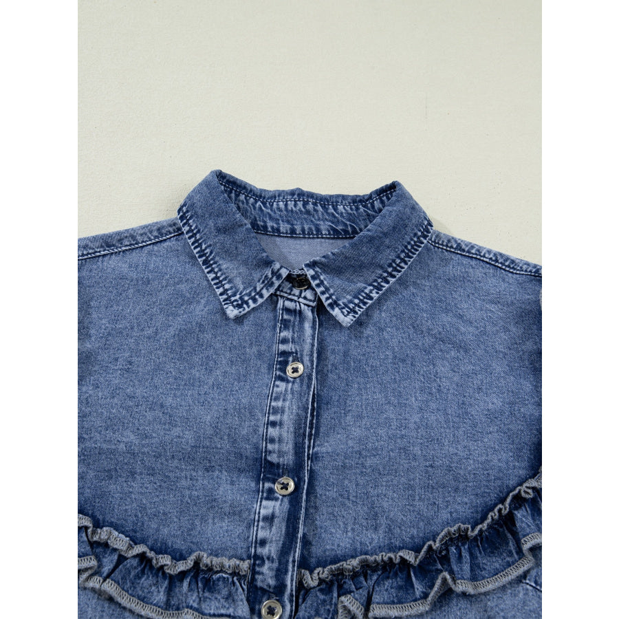 intage Wash Denim Ruffle Detail Button Down Shirt Apparel and Accessories