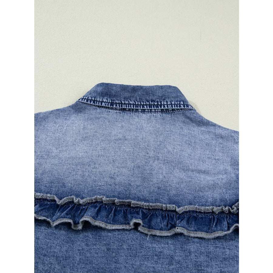 intage Wash Denim Ruffle Detail Button Down Shirt Apparel and Accessories