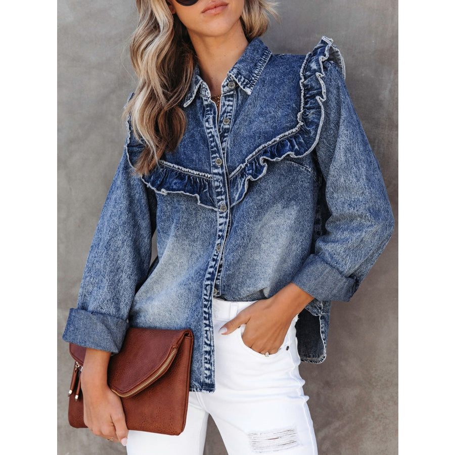 intage Wash Denim Ruffle Detail Button Down Shirt Medium / S Apparel and Accessories