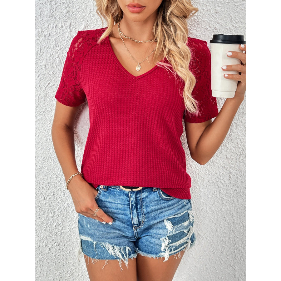 Ivy Lane Lace Detail V-Neck Short Sleeve T-Shirt Apparel and Accessories