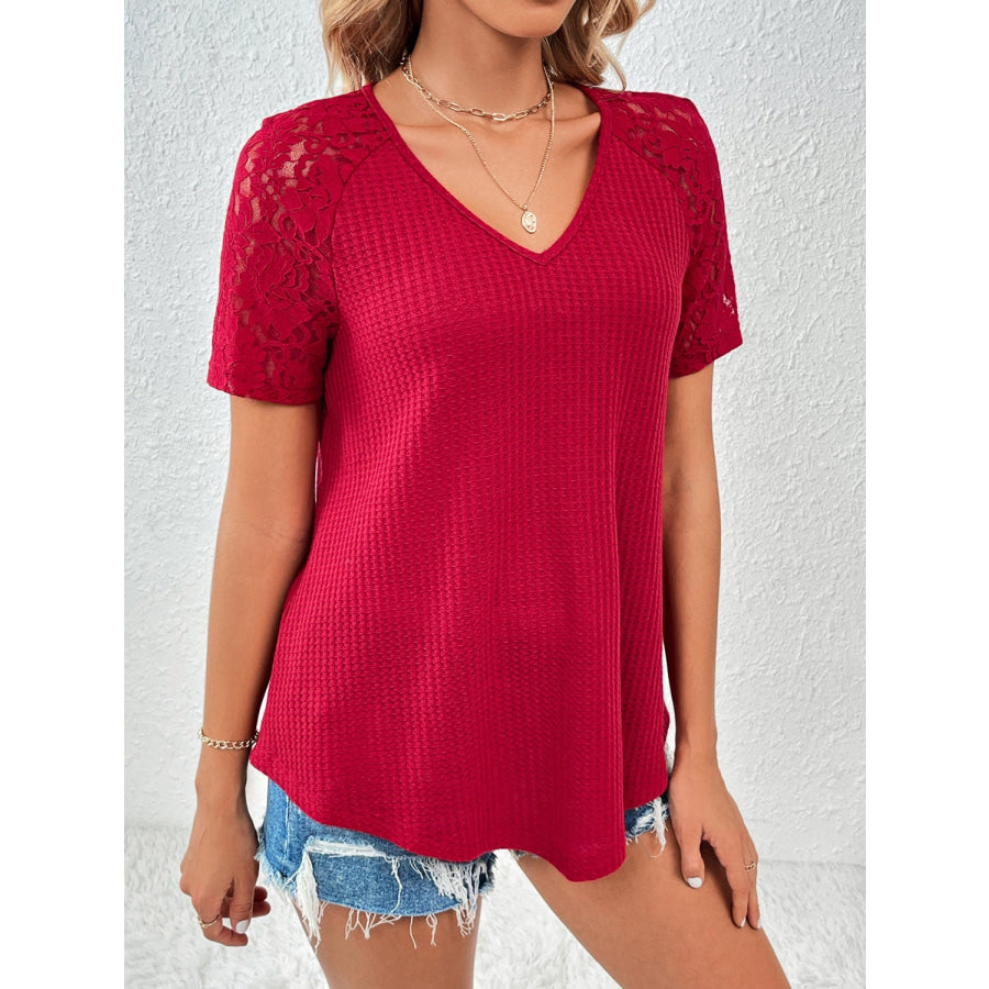 Ivy Lane Lace Detail V-Neck Short Sleeve T-Shirt Apparel and Accessories