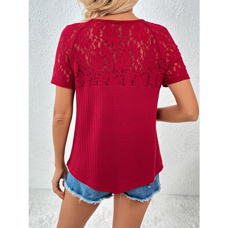 Ivy Lane Lace Detail V-Neck Short Sleeve T-Shirt Apparel and Accessories