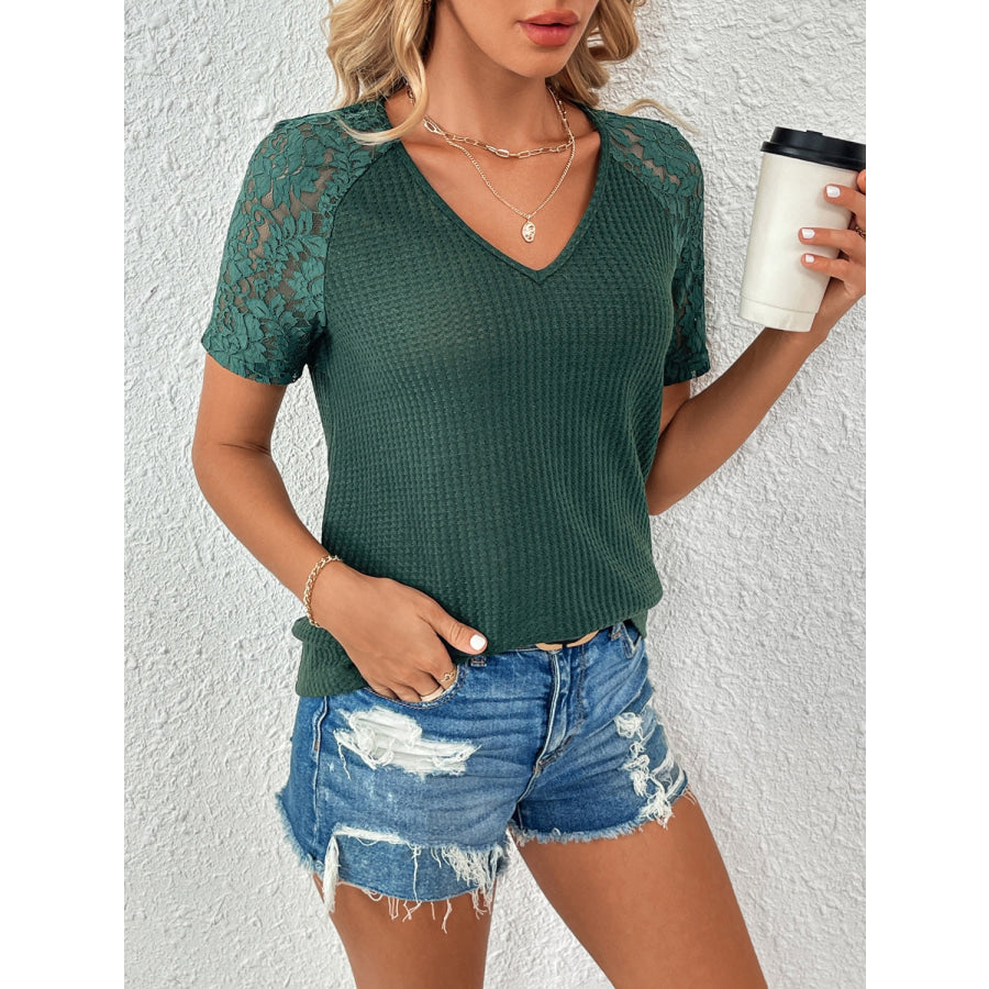 Ivy Lane Lace Detail V-Neck Short Sleeve T-Shirt Apparel and Accessories