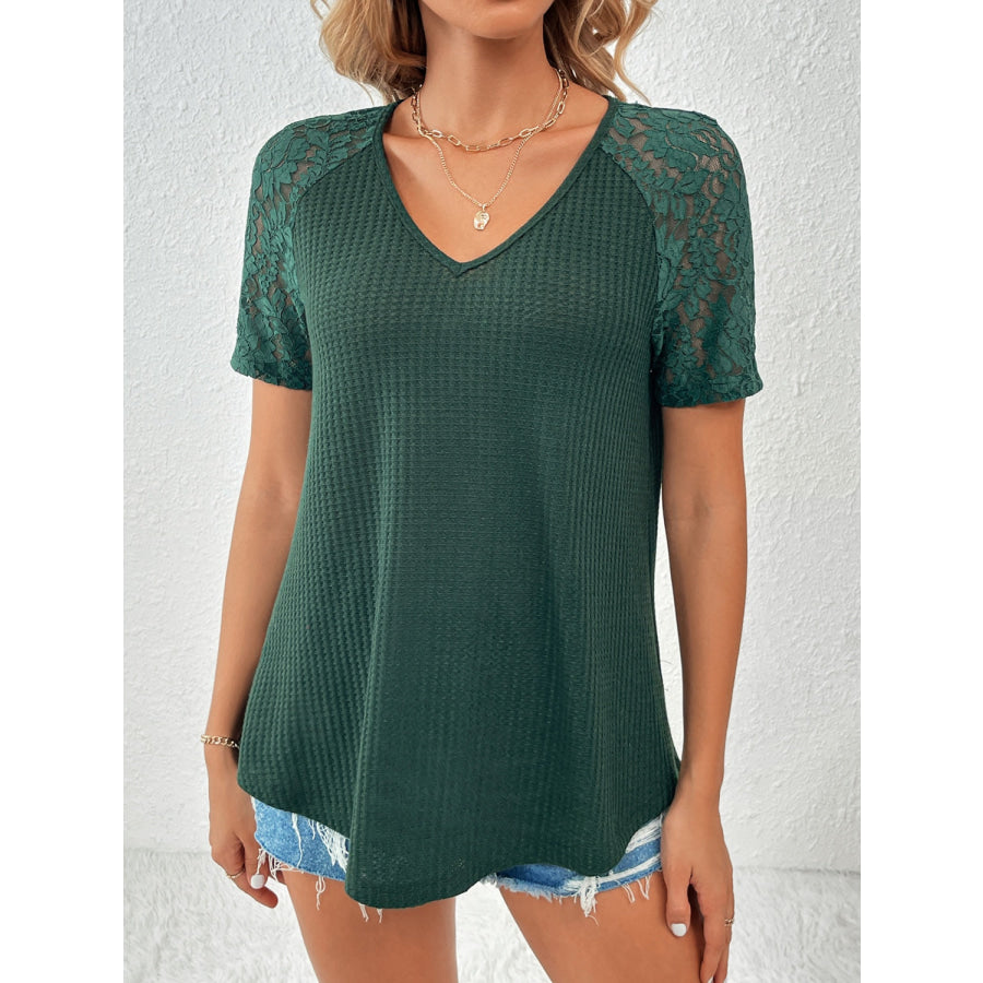 Ivy Lane Lace Detail V-Neck Short Sleeve T-Shirt Dark Green / S Apparel and Accessories