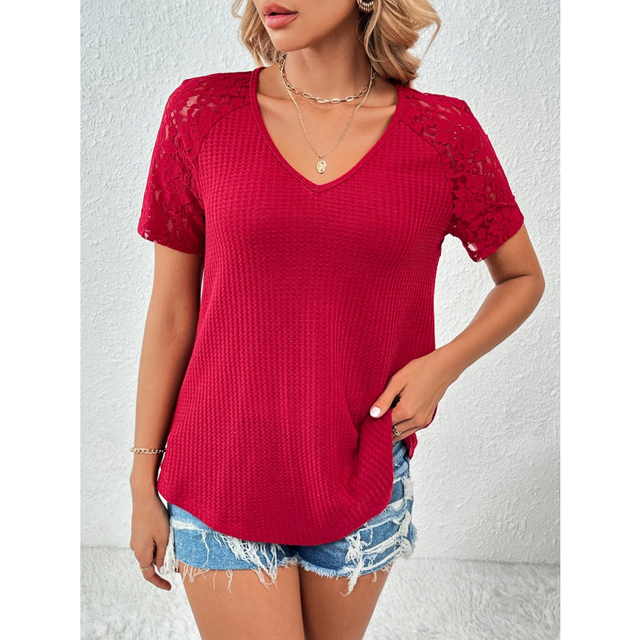 Ivy Lane Lace Detail V-Neck Short Sleeve T-Shirt Scarlet / S Apparel and Accessories