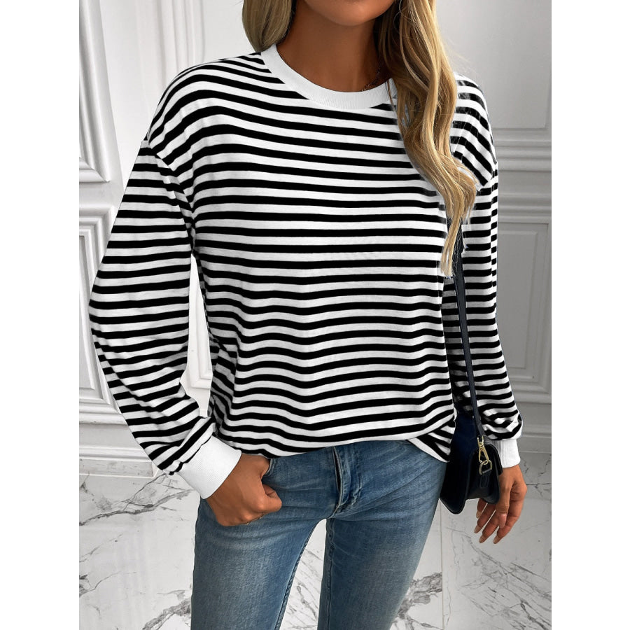 Ivy Lane Striped Round Neck Long Sleeve Sweatshirt Black / S Apparel and Accessories