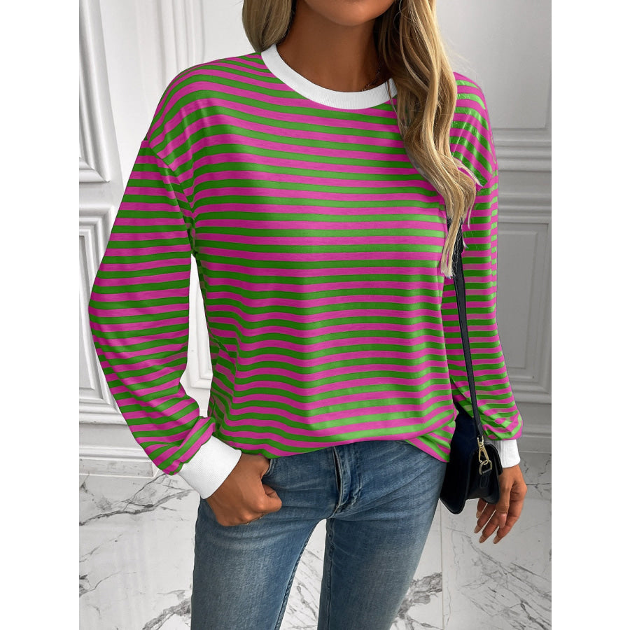 Ivy Lane Striped Round Neck Long Sleeve Sweatshirt Dark Green / S Apparel and Accessories