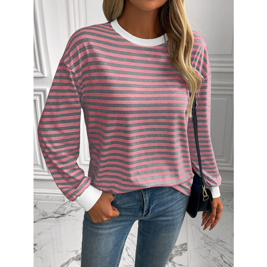 Ivy Lane Striped Round Neck Long Sleeve Sweatshirt Dusty Pink / S Apparel and Accessories