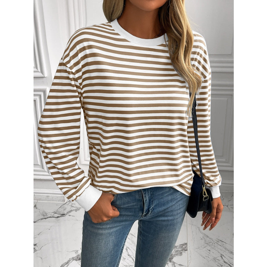 Ivy Lane Striped Round Neck Long Sleeve Sweatshirt Mocha / S Apparel and Accessories