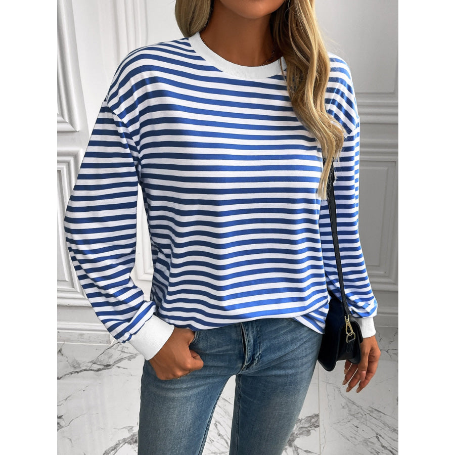 Ivy Lane Striped Round Neck Long Sleeve Sweatshirt Royal Blue / S Apparel and Accessories