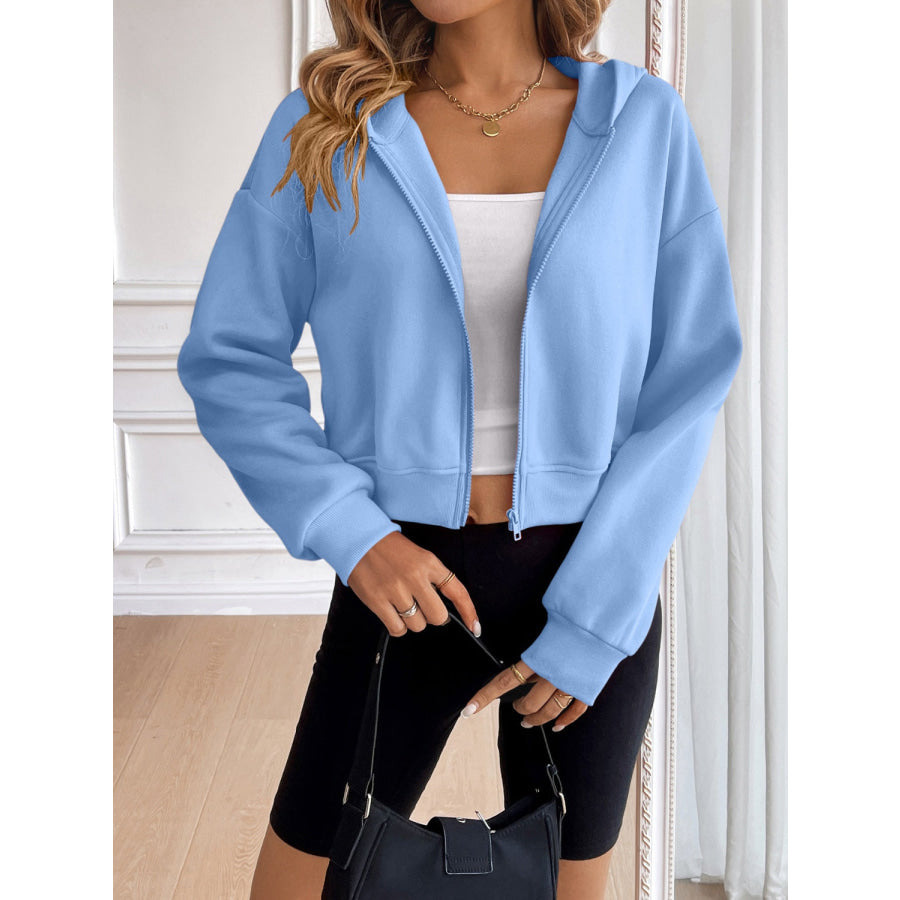 Ivy Lane Zip Up Dropped Shoulder Hooded Jacket Light Blue / S Apparel and Accessories