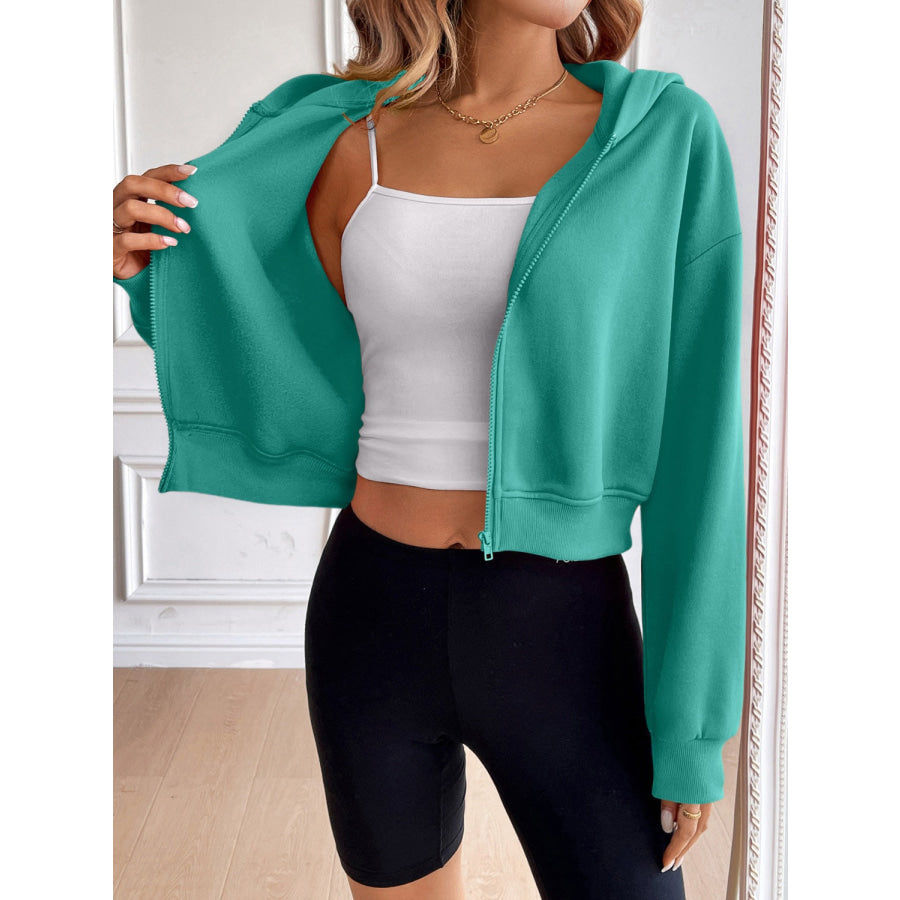 Ivy Lane Zip Up Dropped Shoulder Hooded Jacket Teal / S Apparel and Accessories