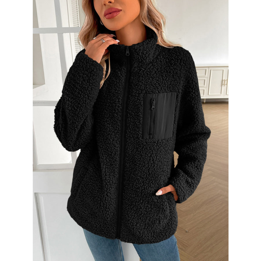 Ivy Lane Zip Up Long Sleeve Fuzzy Jacket Black / S Apparel and Accessories