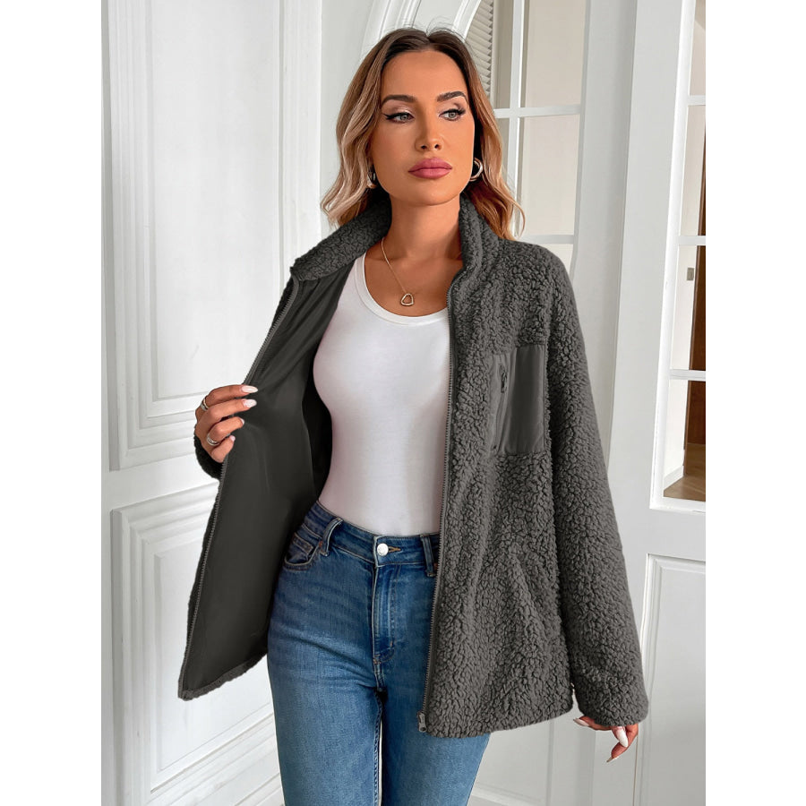 Ivy Lane Zip Up Long Sleeve Fuzzy Jacket Dark Gray / S Apparel and Accessories