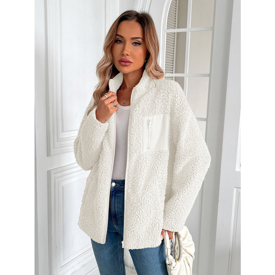 Ivy Lane Zip Up Long Sleeve Fuzzy Jacket White / S Apparel and Accessories