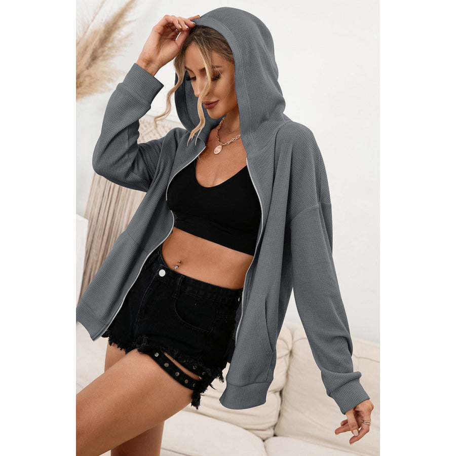 Ivy Lane Zip Up Waffle Knit Hoodie Gray / S Apparel and Accessories