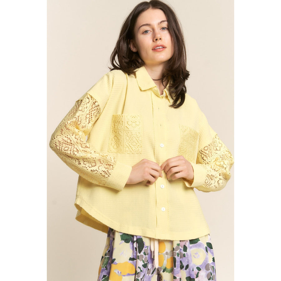 J.NNA Button Down Lace Long Sleeve Waffle Shirt Yellow / S Apparel and Accessories