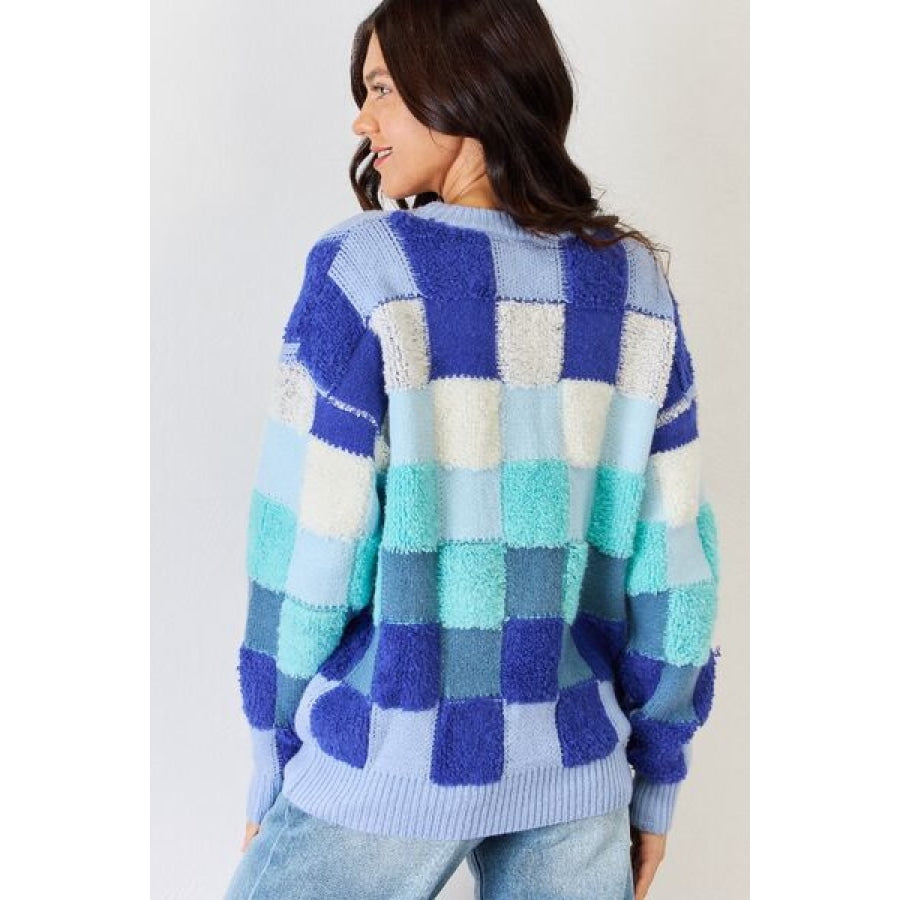 J.NNA Checkered Round Neck Long Sleeve Sweater Blue Multi / S Clothing