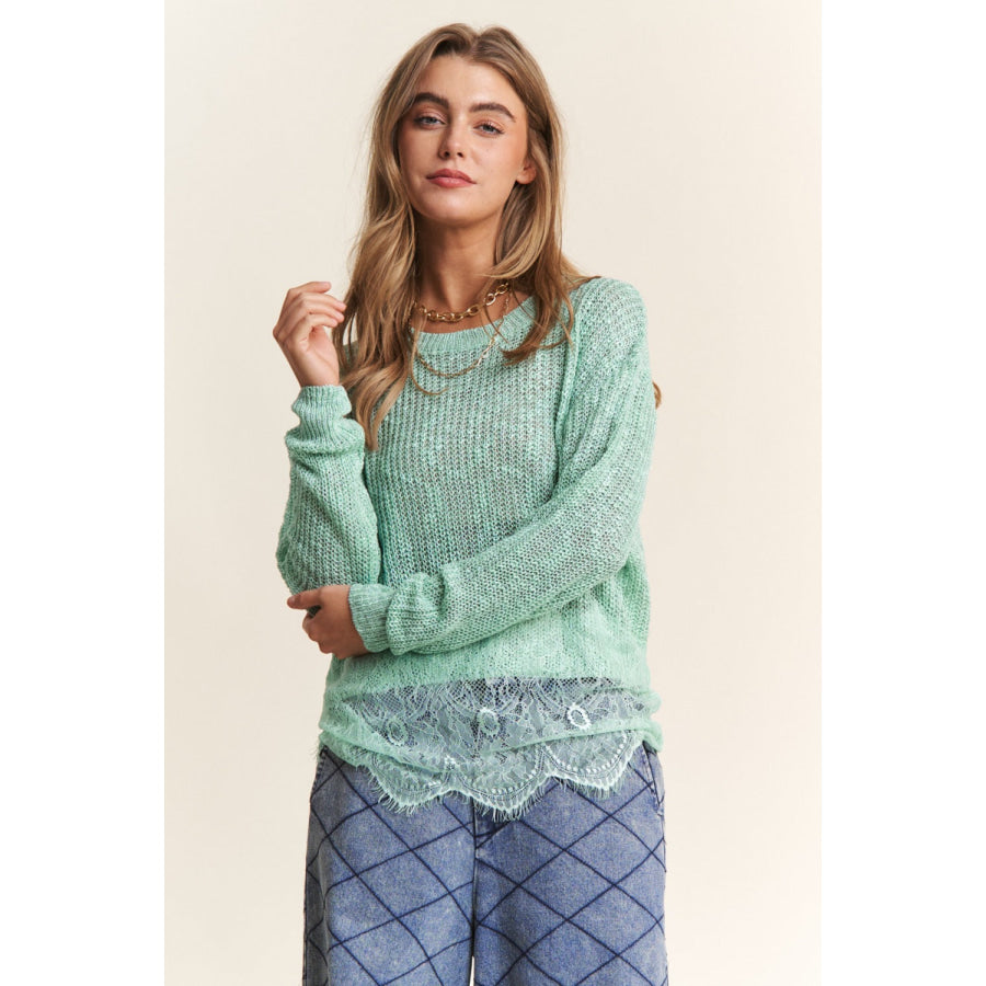 J.NNA Lace Detail Long Sleeve Knit Top Sage / S Apparel and Accessories