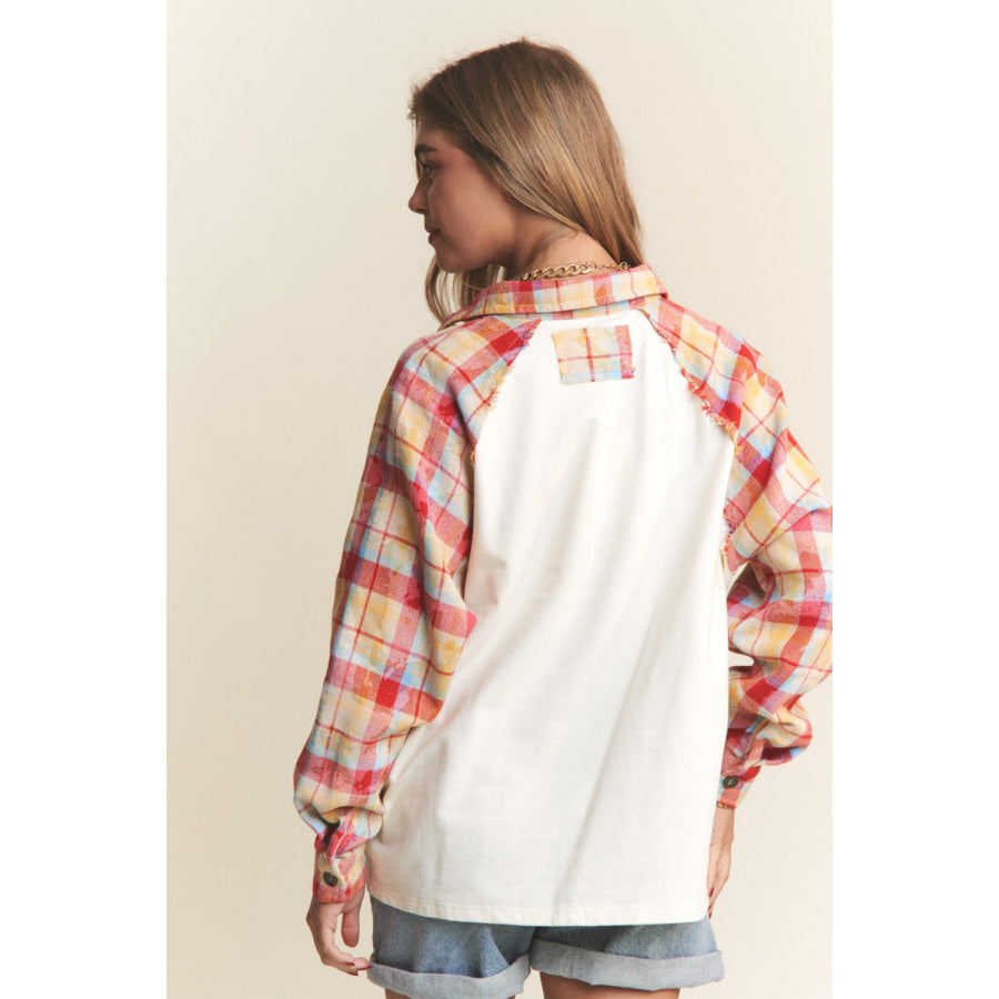 J.NNA Plaid Contrast Button Down Henley Top Apparel and Accessories