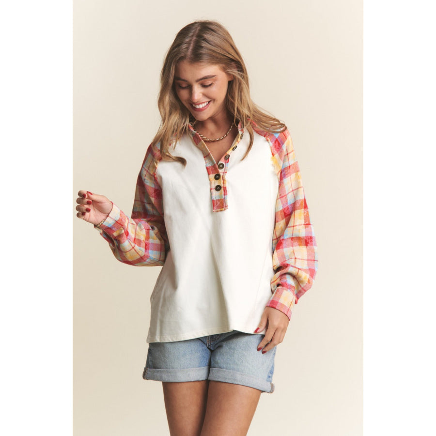 J.NNA Plaid Contrast Button Down Henley Top Apparel and Accessories