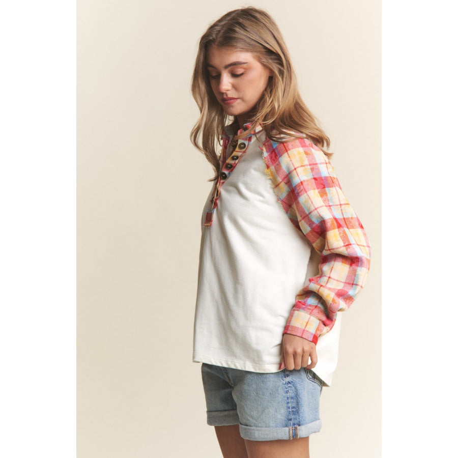 J.NNA Plaid Contrast Button Down Henley Top Apparel and Accessories