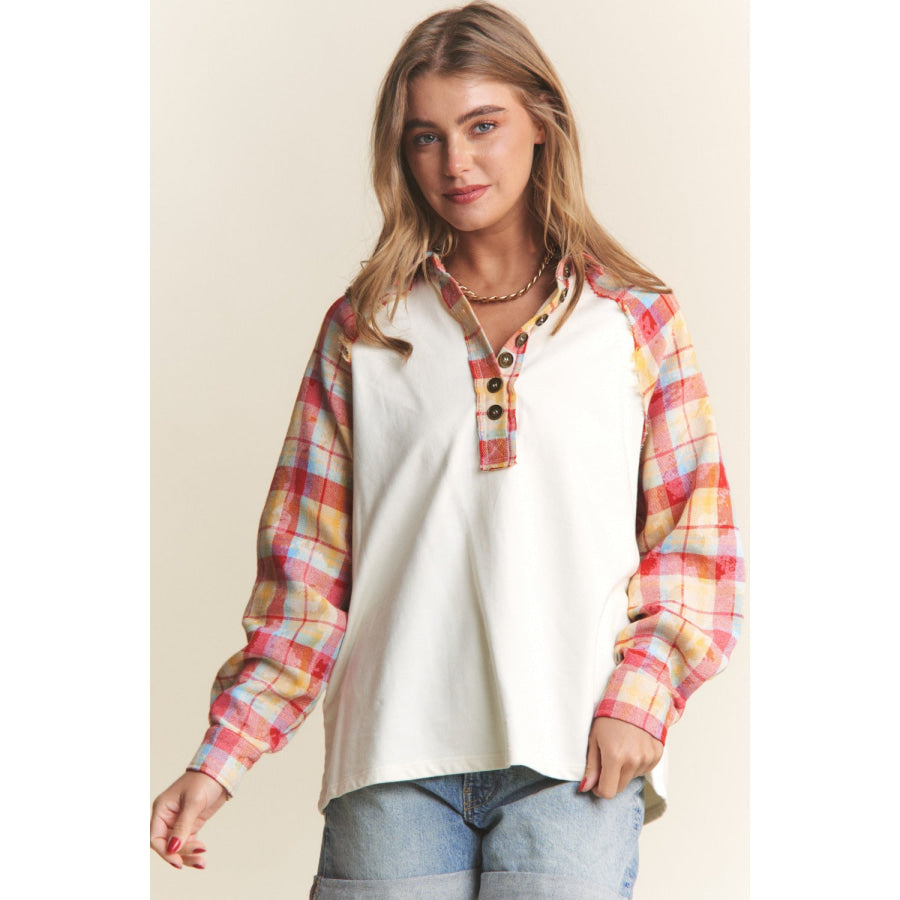 J.NNA Plaid Contrast Button Down Henley Top Apparel and Accessories